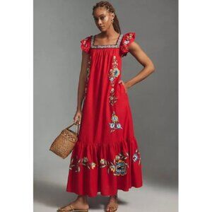 FARM RIO Embroidered Square-Neck Maxi Dress Red Women's Size Medium